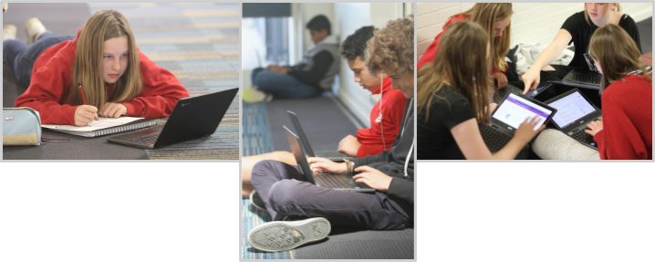 Three photographs from left to right, female student writing on notepaper looking at Chromebook, three male students working on Chromebooks, group of four female students discussing a Google Classroom assignment.