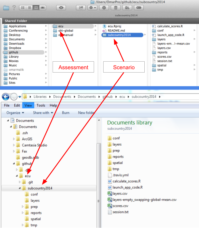 Navigating the assessment repository. The figure shows Mac folder navigation above and Windows navigation below.
