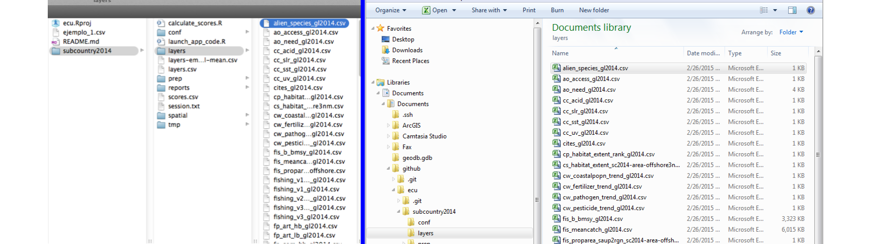 The layers folder contains every data layer as an individual .csv file. Mac navigation is shown on the left and Windows navigation is shown on the right.