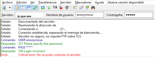 Comprobación FTP bloqueado para anonymous