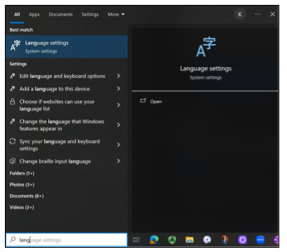 Screen capture of Windows search in taskbar with 'lang' entered and Languages settings showing in the results