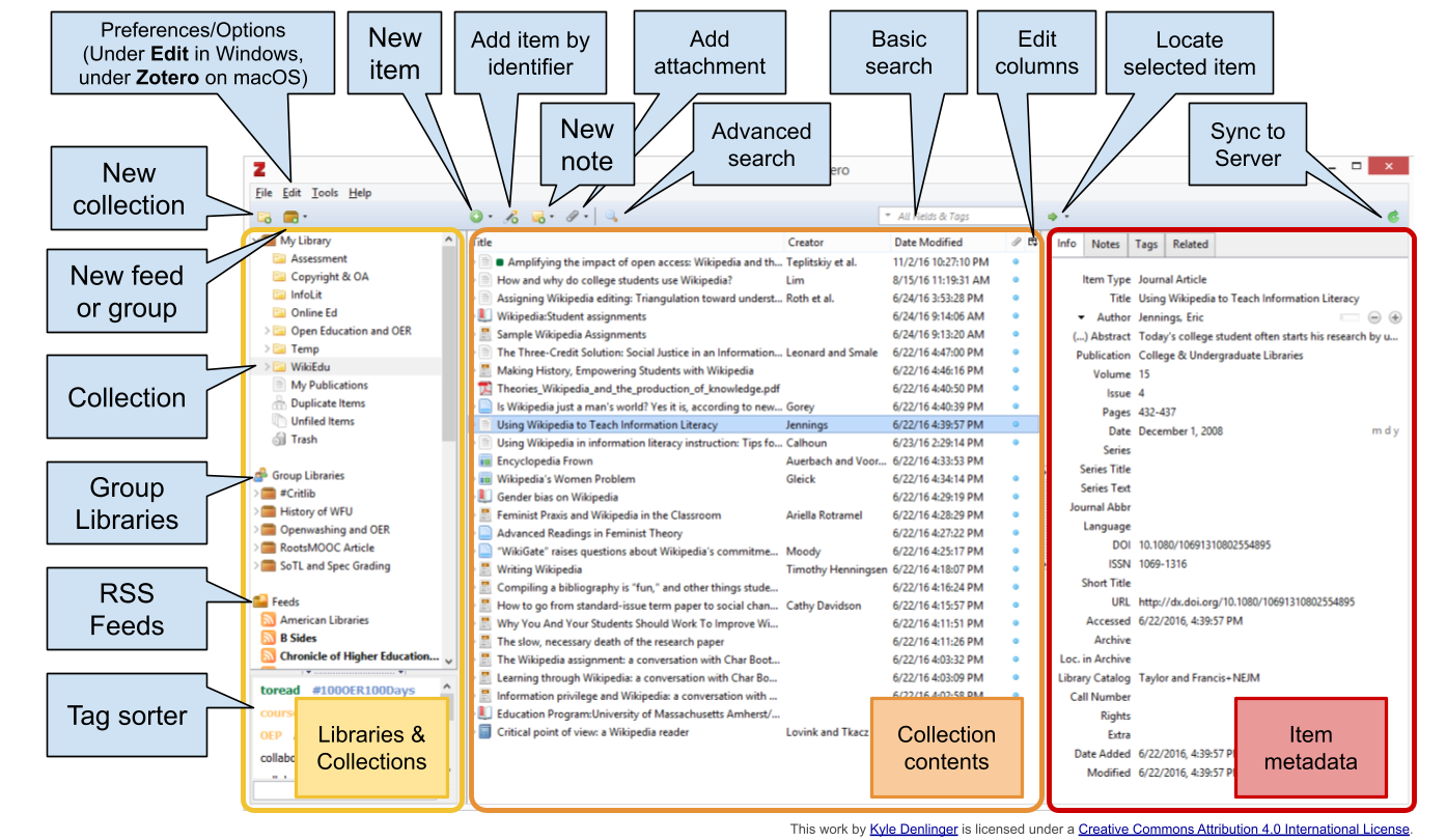 zotero interface with labeled sections