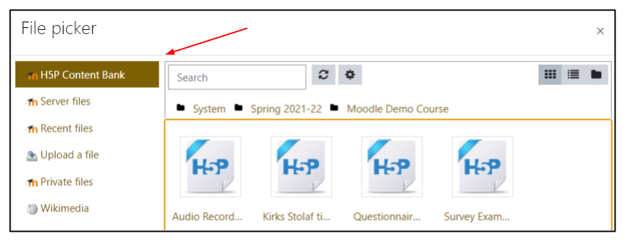 Screen capture of H5P Content bank in Moodle File picker