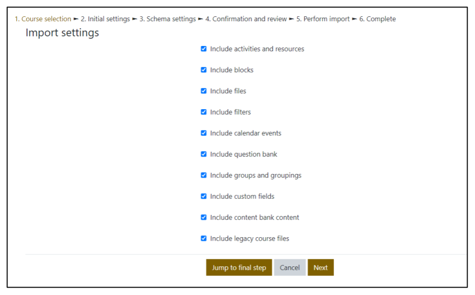 Screen capture of Moodle Kickstart format import settings page