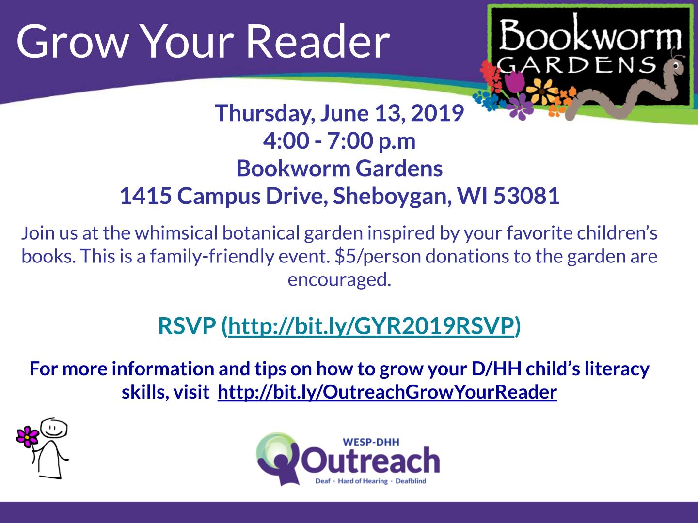 Promotional flyer for Grow Your Reader event, including the text outlined below.
