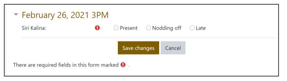 Screen capture of Moodle Attendance activity, student marking options