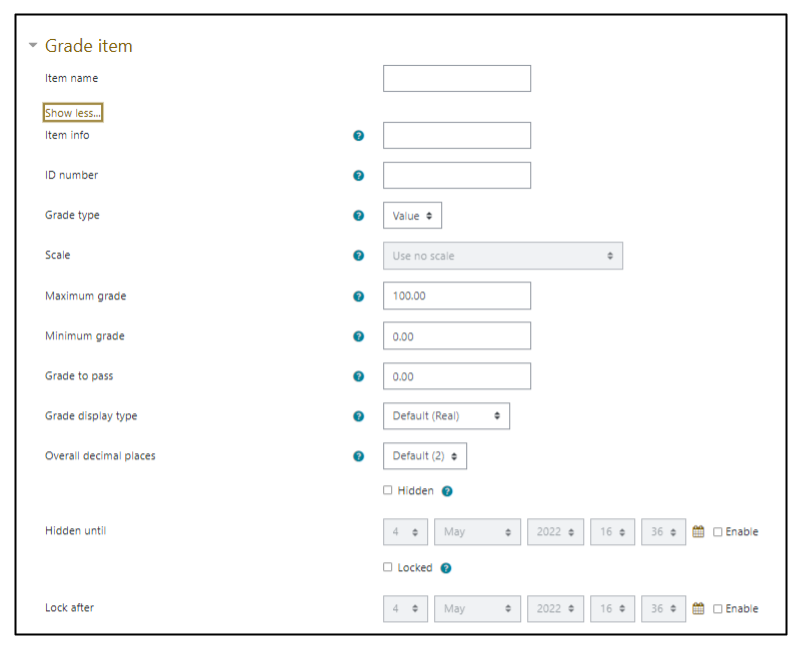 Screen capture of Moodle grade item settings