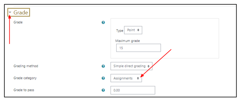 Screen capture of Moodle activity settings with grade section expanded and grade category drop-down menu highlighted