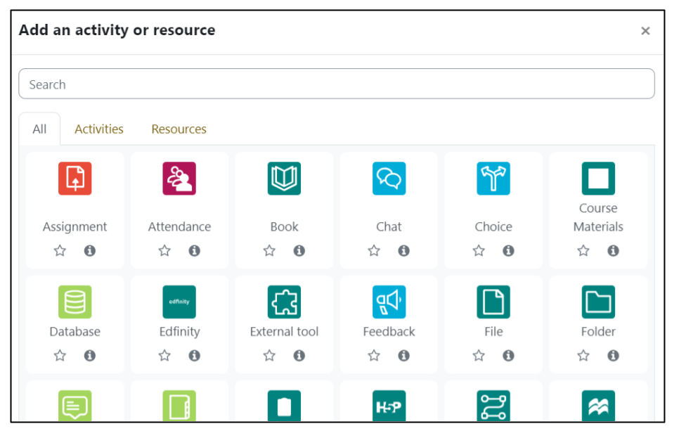 Screen capture of Moodle activity chooser