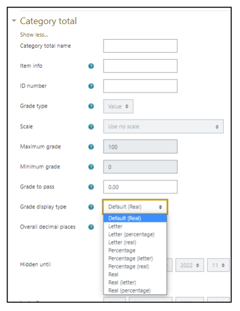 Screen capture of Moodle category settings from gradebook setup showing grade display type options