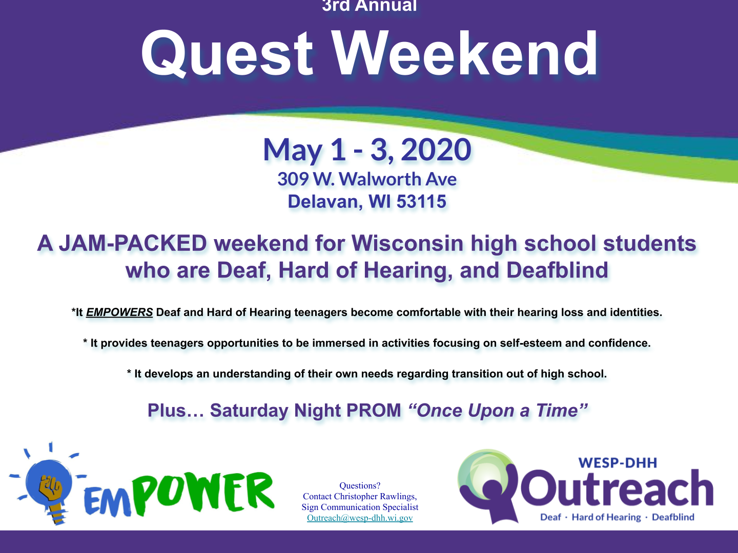 Promotional flyer for Quest Weekend, with the text that is included below.
