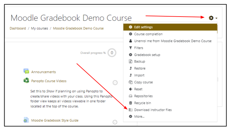 Screen capture of Moodle course site with edit menu expanded and download instructor files option highlighted