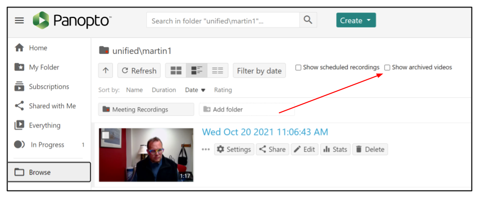 Screen capture of Panopto folder highlighting the Show archived videos checkbox