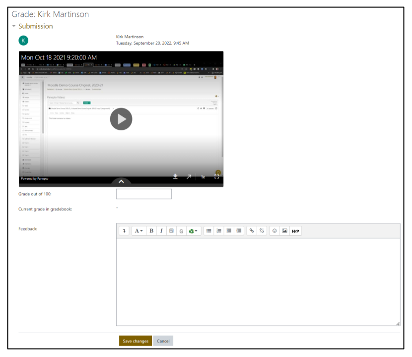 Screen capture of Panopto submission activity in Moodle showing the grading page with the recording, the Grade field and a text editor for optional feedback.