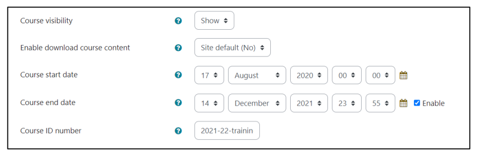 Screen capture of Moodle course settings page showing options for setting course start and course end dates