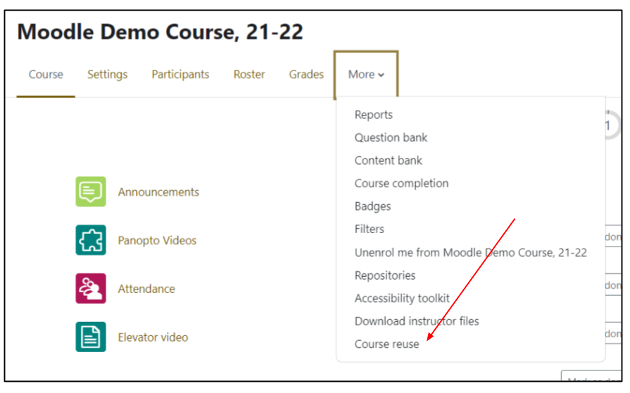Screen capture of Moodle course page showing course menu with More item expanded and Course reuse highlighted