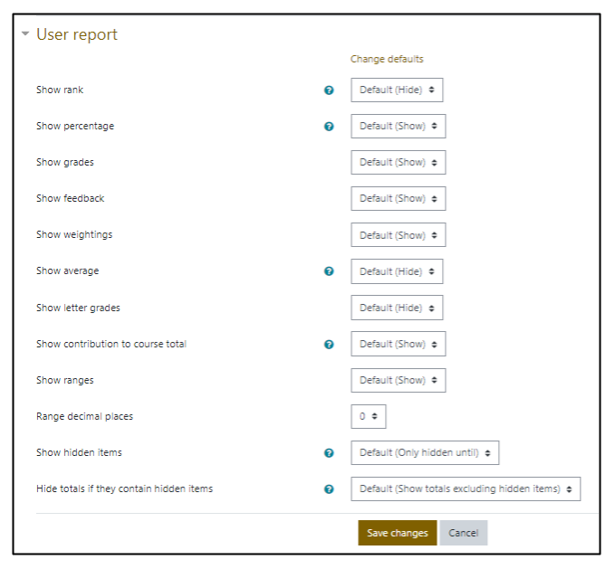 Screen capture of Moodle gradebook course settings page user report section