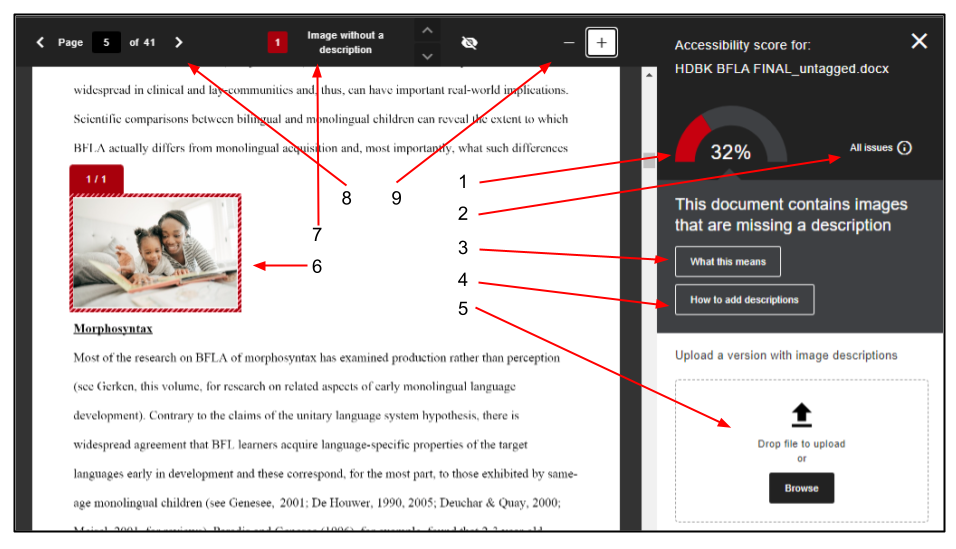 Screen capture of Ally file report page in Moodle with navigation elements highlighted