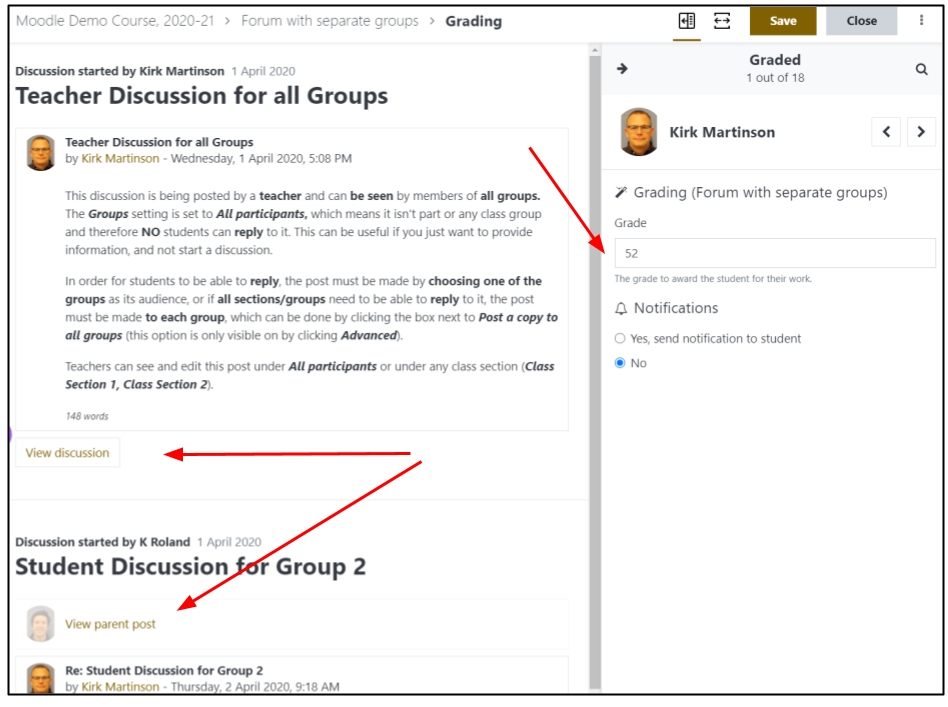 Screen image of Moodle Whole forum grading page with arrows highlighting links to view posts in context and field for entering forum grade