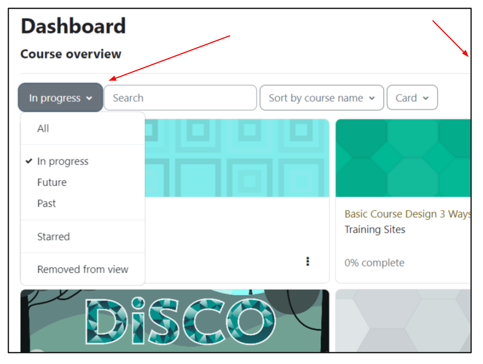 Screen capture of Moodle Dashboard page showing Course overview section and dropdown list expanded with options All, In progress, Future, Past, Starred, and Removed from view