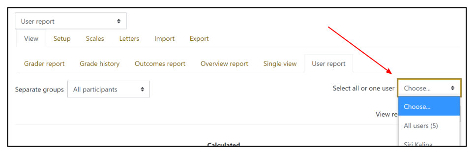 Screen capture of Moodle gradebook User report with arrow highlighting the student chooser menu