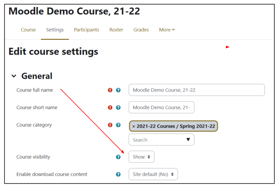 Screen capture of Moodle course settings page with Course visibility field highlighted with an arrow