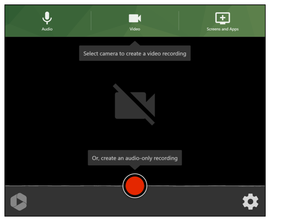 Screen capture of Panopto Capture app showing main screen controls for audio, video and screen sharing