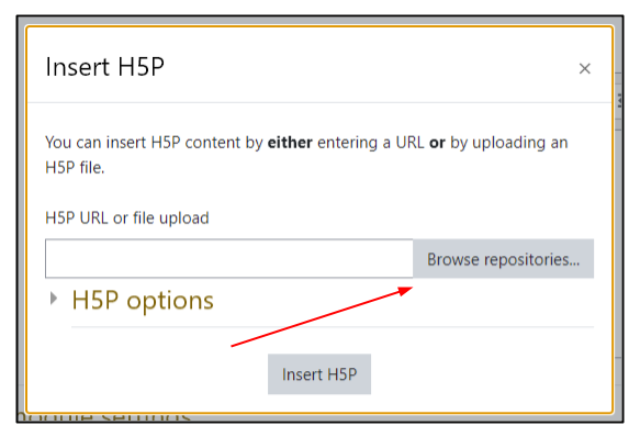 Screen capture of Moodle Insert H5P window with Browse repositories button highlighted
