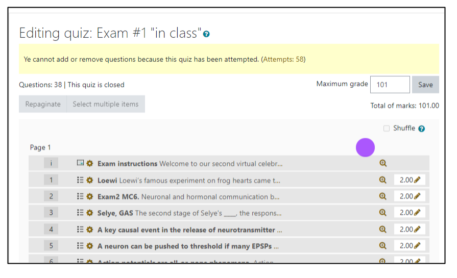 Screen capture of Moodle quiz editing page, showing Maximum points field and several questions