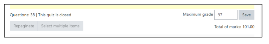 Screen capture of Moodle quiz editing page showing differing Maximum grade and total of marks.