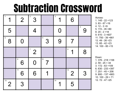 Eva Lei Pt England School: Subtraction Crossword