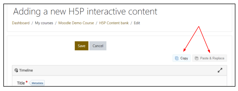 Screen capture of Moodle Adding H5P content window with Copy and Paste & Replace highlighted