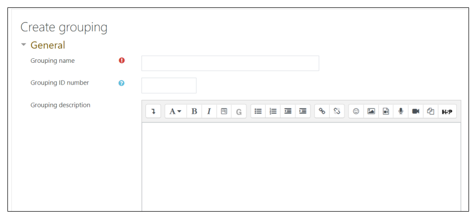 Screen image of Moodle grouping page with text fields for Grouping name, Grouping ID number and Grouping description