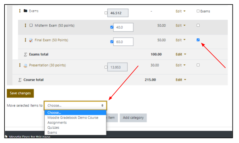 Screen capture of Moodle gradebook setup page showing a checked box to the far right of a grade item, and the move selected items to drop-down menu expanded