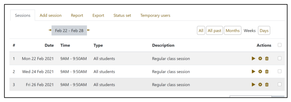 Screen capture of Moodle Attendance Sessions tab