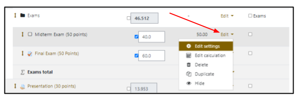 Screen capture of Moodle gradebook setup page with edit menu for an item expanded and highlighted