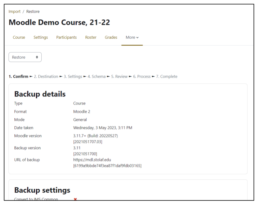 Screen capture of Moodle course restore page showing confirmation details