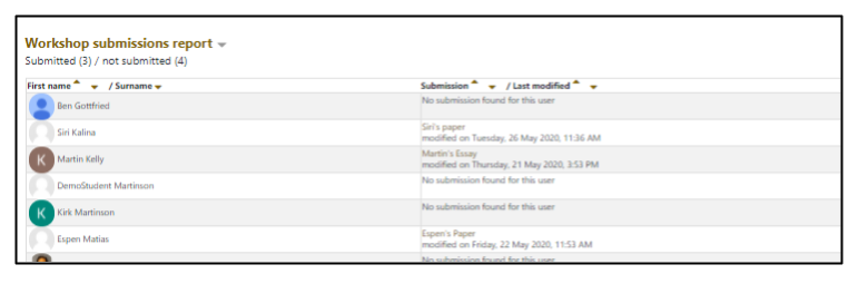 Screen capture of Moodle Workshop Submission overview