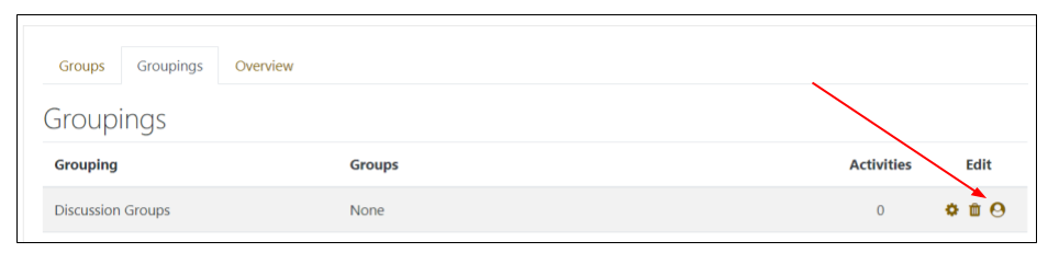 Screen image of Moodle Groupings tab with arrow pointing to person/profile icon under Edit heading