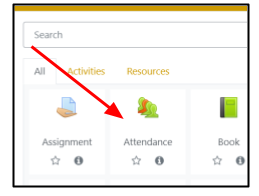 Screen capture of Moodle activity chooser with arrow highlighting Attendance activity