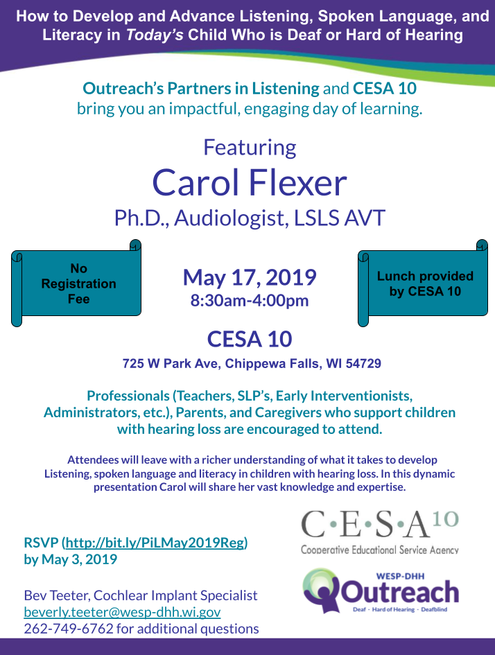 Promotional flyer for Partners in Listening event featuring Carol Flexer. The text included on the flyer is on the page below.