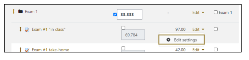 Screen capture of Moodle gradebook setup page showing a quiz and the Edit drop-down menu displaying Edit settings.