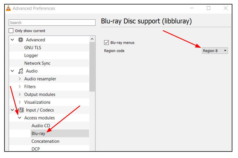 Screen capture of VLC Settings window showing Blu-ray menu settings