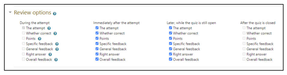 Screen capture of Moodle quiz settings page, showing Review options section expanded