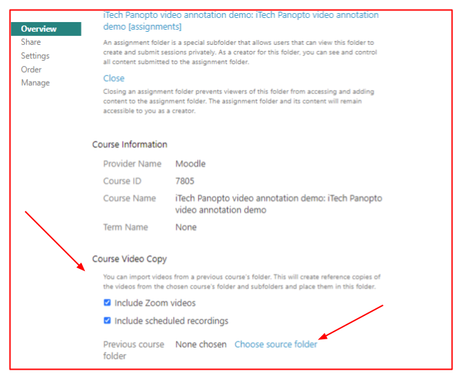 Screen capture of Panopto settings overview tab with Course video copy highlighted