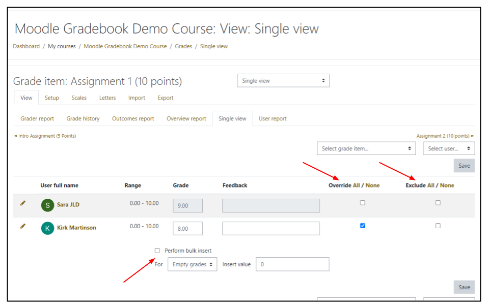 Screen capture of Moodle Single view page with arrows highlighting the Override and Exclude columns and the Perform bulk insert field
