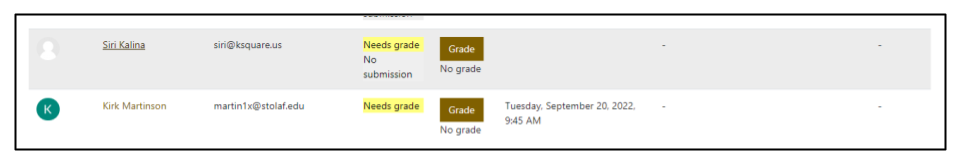 Screen capture of Moodle submission page for a Panopto Student Submission assignment showing student names and Grade button