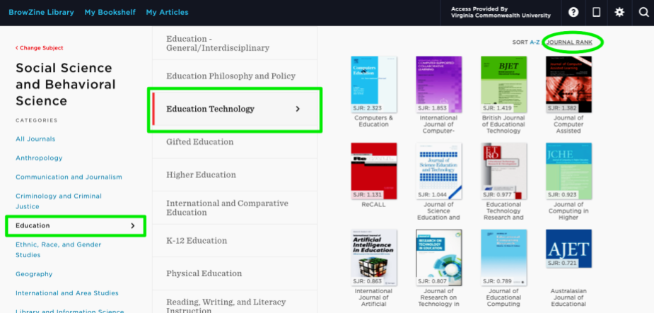 BrowZine page with Educational Technology journals listed and ordered by ranking.