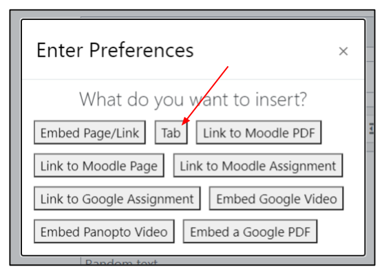 Moodle editor Generico pop-up window showing code options with Tab button highlighted by an arrow