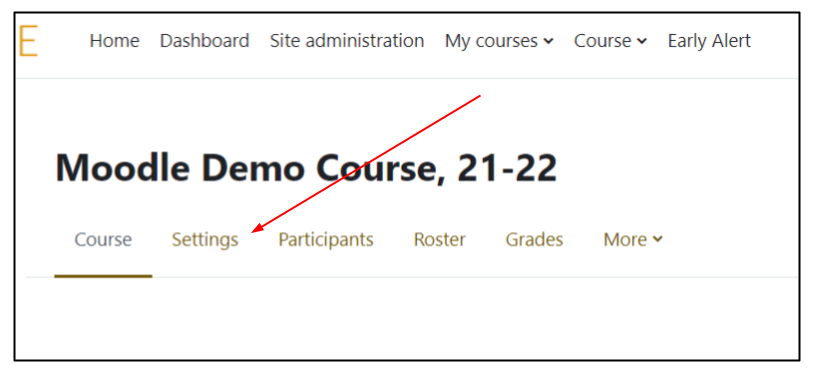 Screen capture of Moodle course page showing course title and secondary menu with Settings highlighted with an arrow